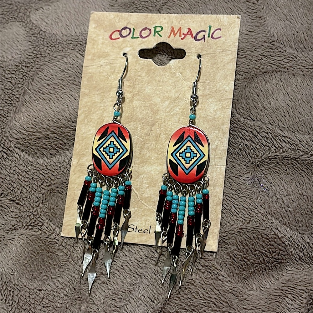 Red, Teal, and Black Dreamcatcher Earrings